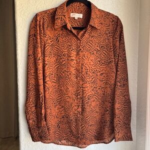 Philosophy Women Button Down Blouse Animal Print Orange Leopard Office Business